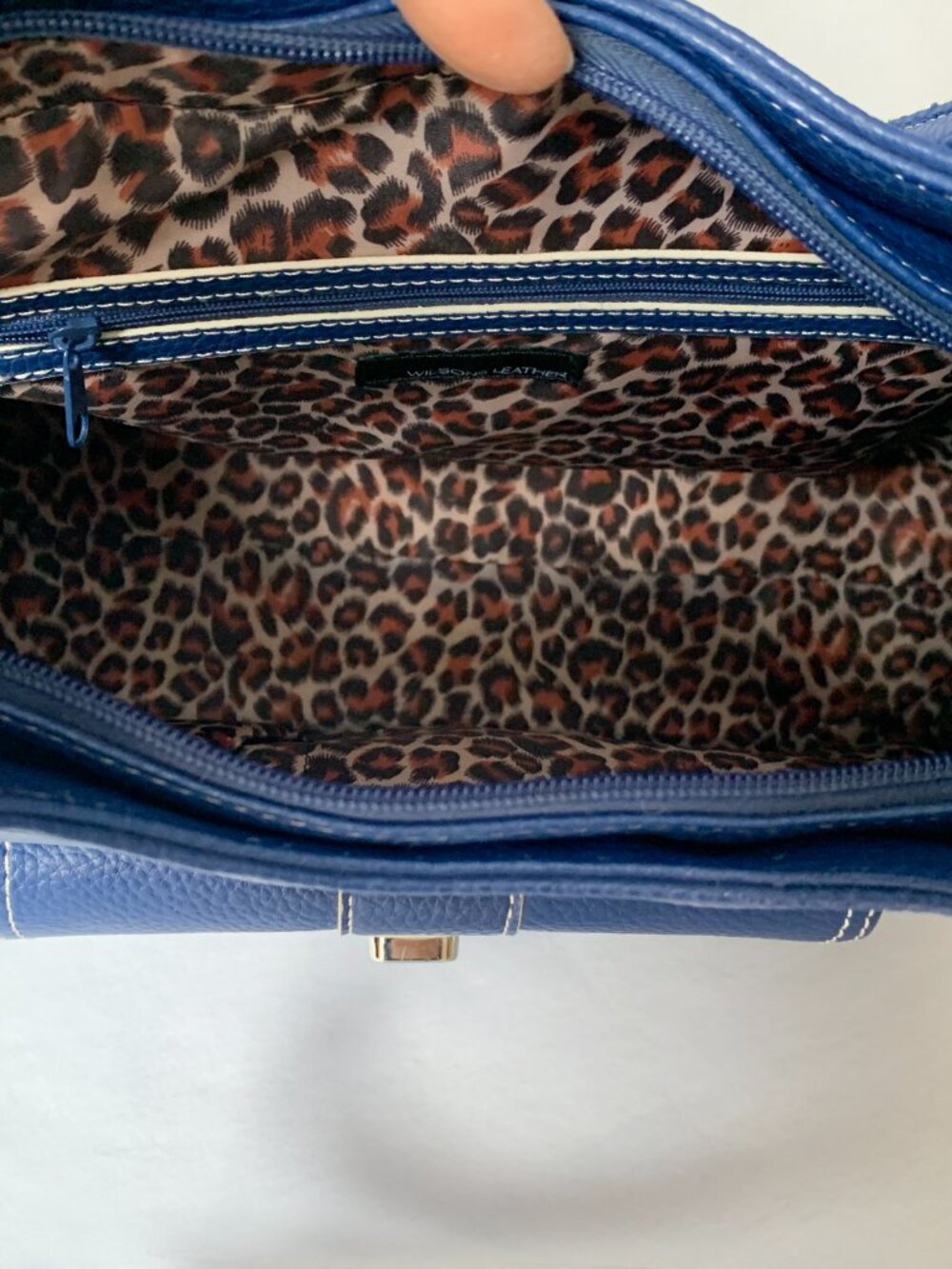 Wilsons Leather Satchel Handbag | Royal Blue | Leopard Print Lining - Picture 9 of 14